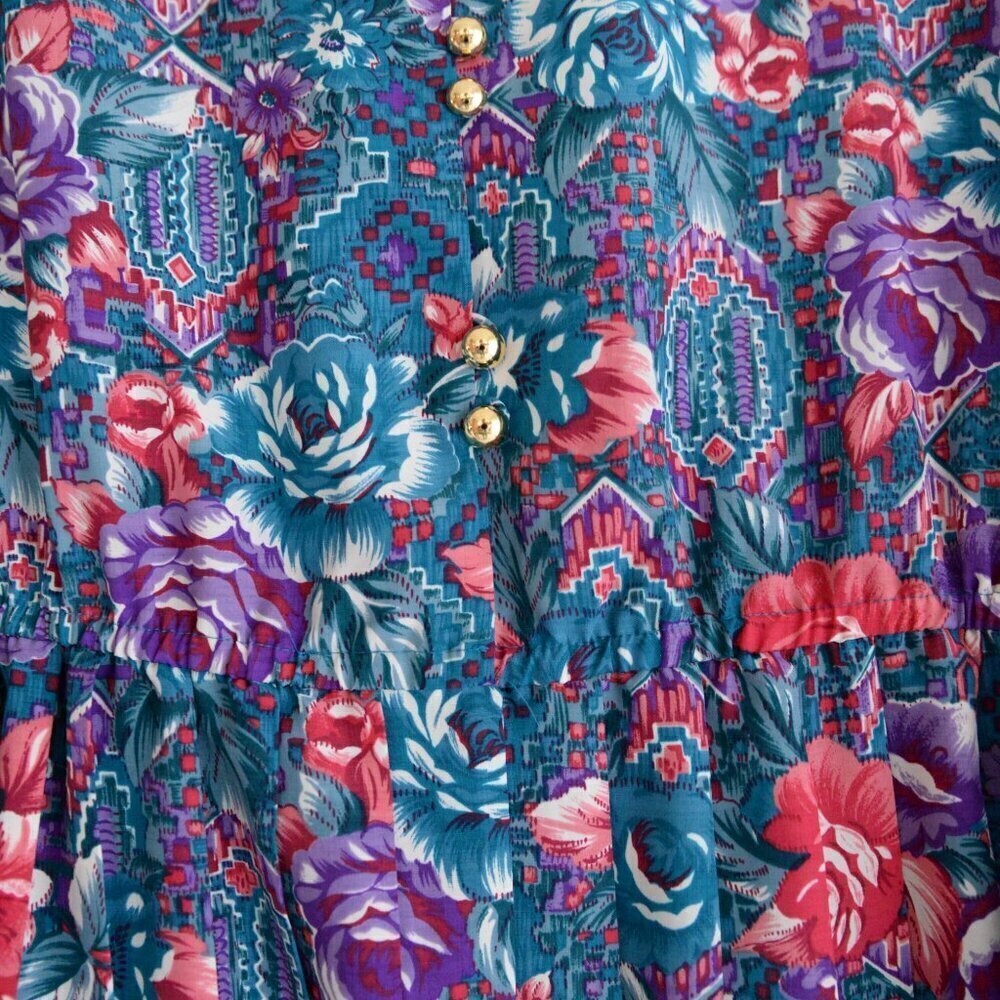 Vintage Schrader Teal Purple Floral Button Front Pleated Maxi Retro 80s Dress 18 - Picture 8 of 14